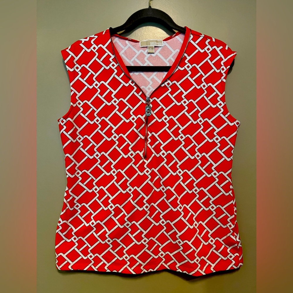 Michael Kors Orange Geometric Top, right amount of stretch, flirty collar zipper